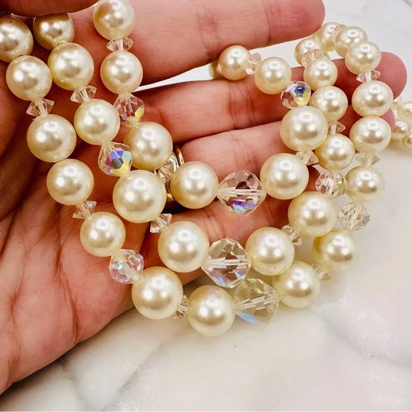 Vintage Laguna Faux Pearl Necklace Aurora Borealis Crystal Beads 3 Stran… - Picture 7 of 11